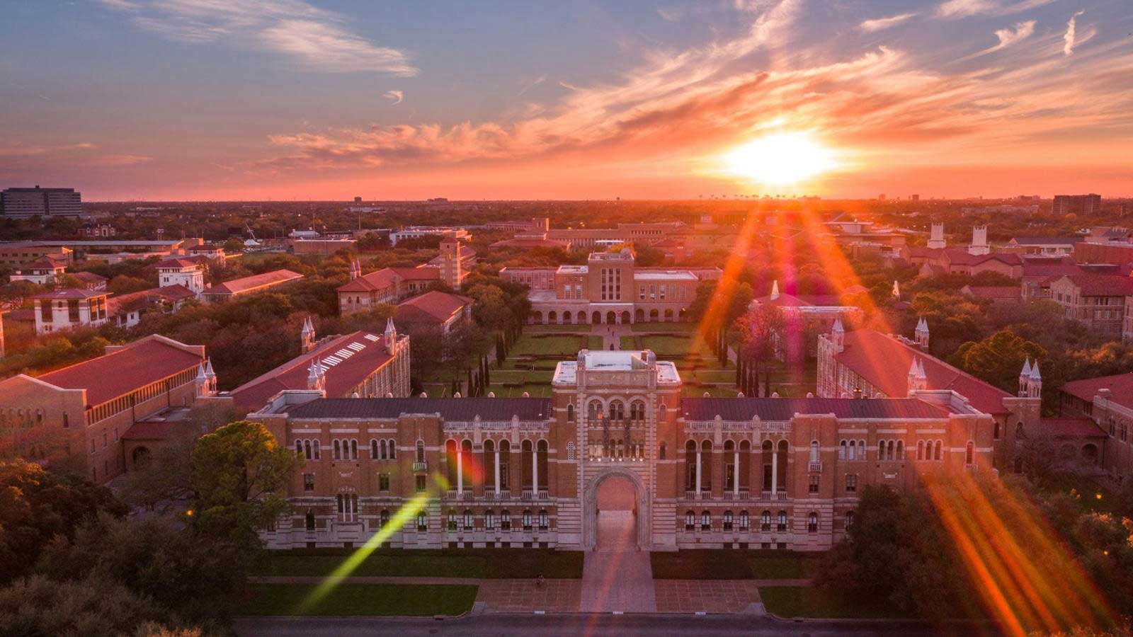 Lovett Hall aerial at sundown